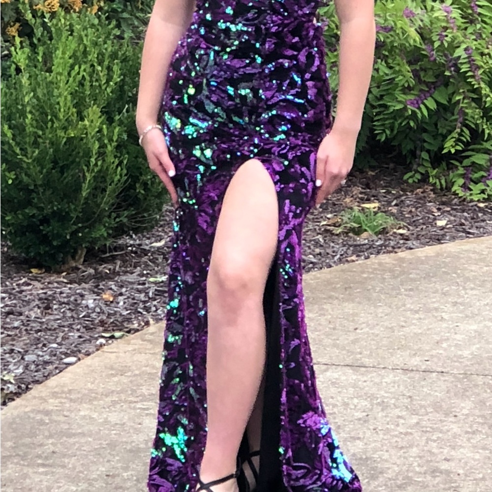 Dave & Johnny Purple and Green Sequin Prom Dress